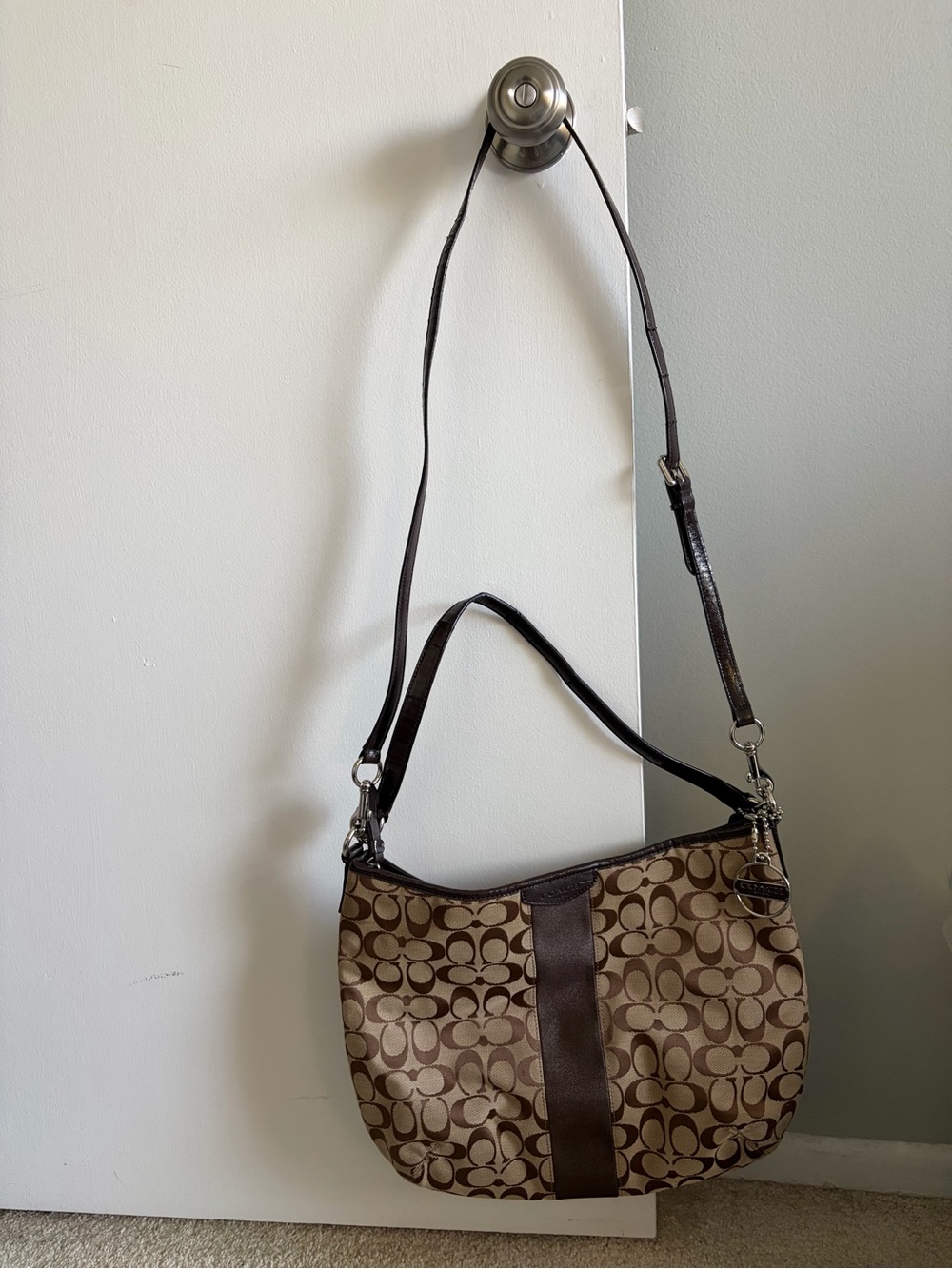 Coach Brown Signature Canvas Shoulder Bag with Dark Brown Trim